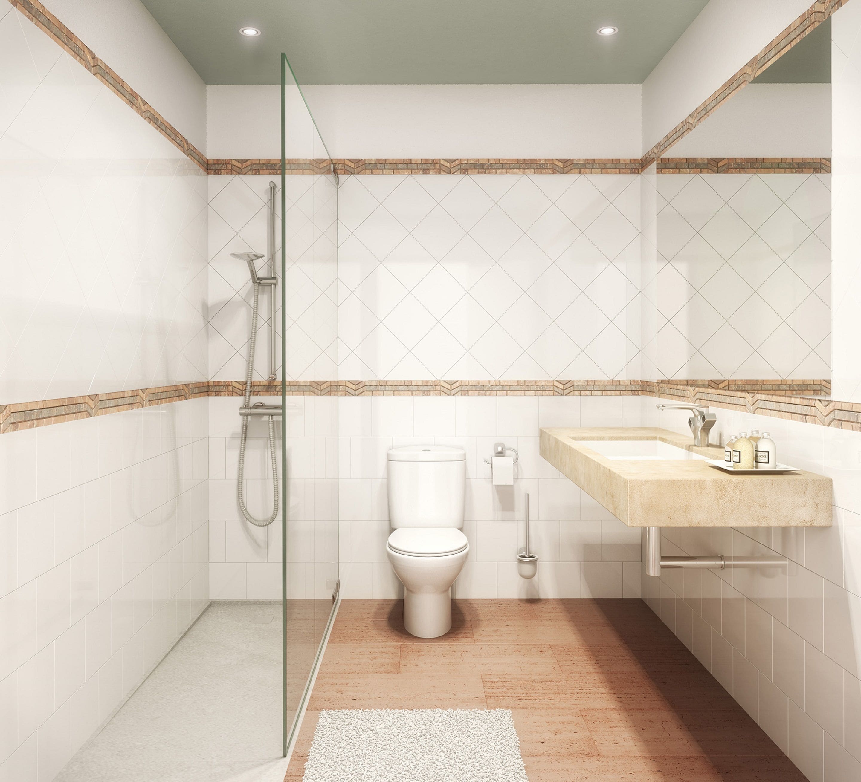 Un baño moderno con cabina de ducha de vidrio, inodoro y lavamanos con encimera color beige.