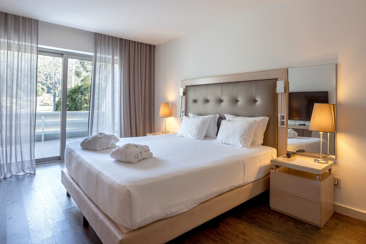 A hotel room with a large bed, a nightstand with a lamp, a mirror, and a view of the outdoors through a sliding door.