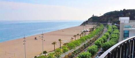 Una playa con una carretera que la acompaña, palmeras y un edificio al fondo.