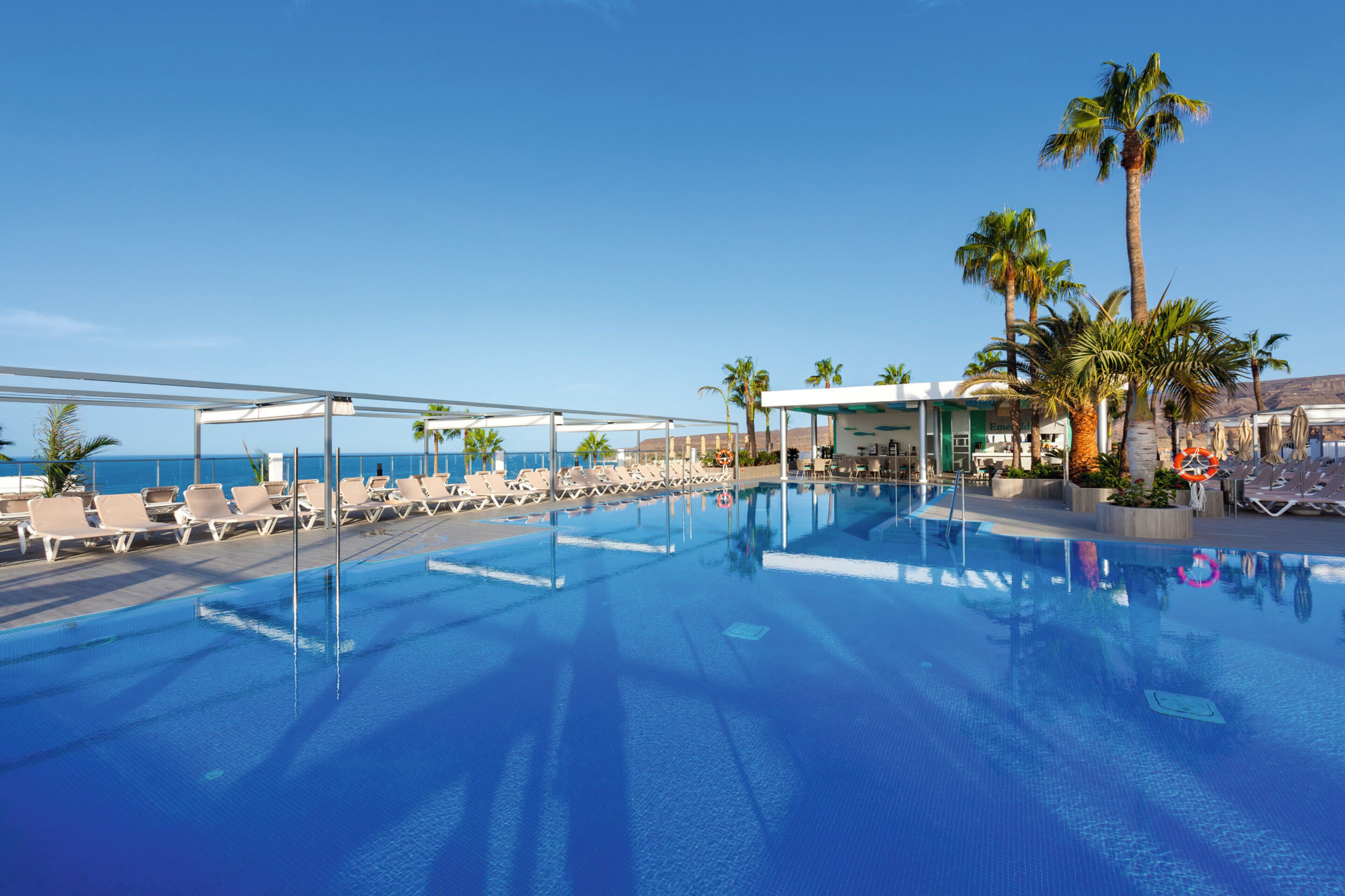 A clear blue pool with sun loungers and palm trees, surrounded by a covered area with a view of the ocean.