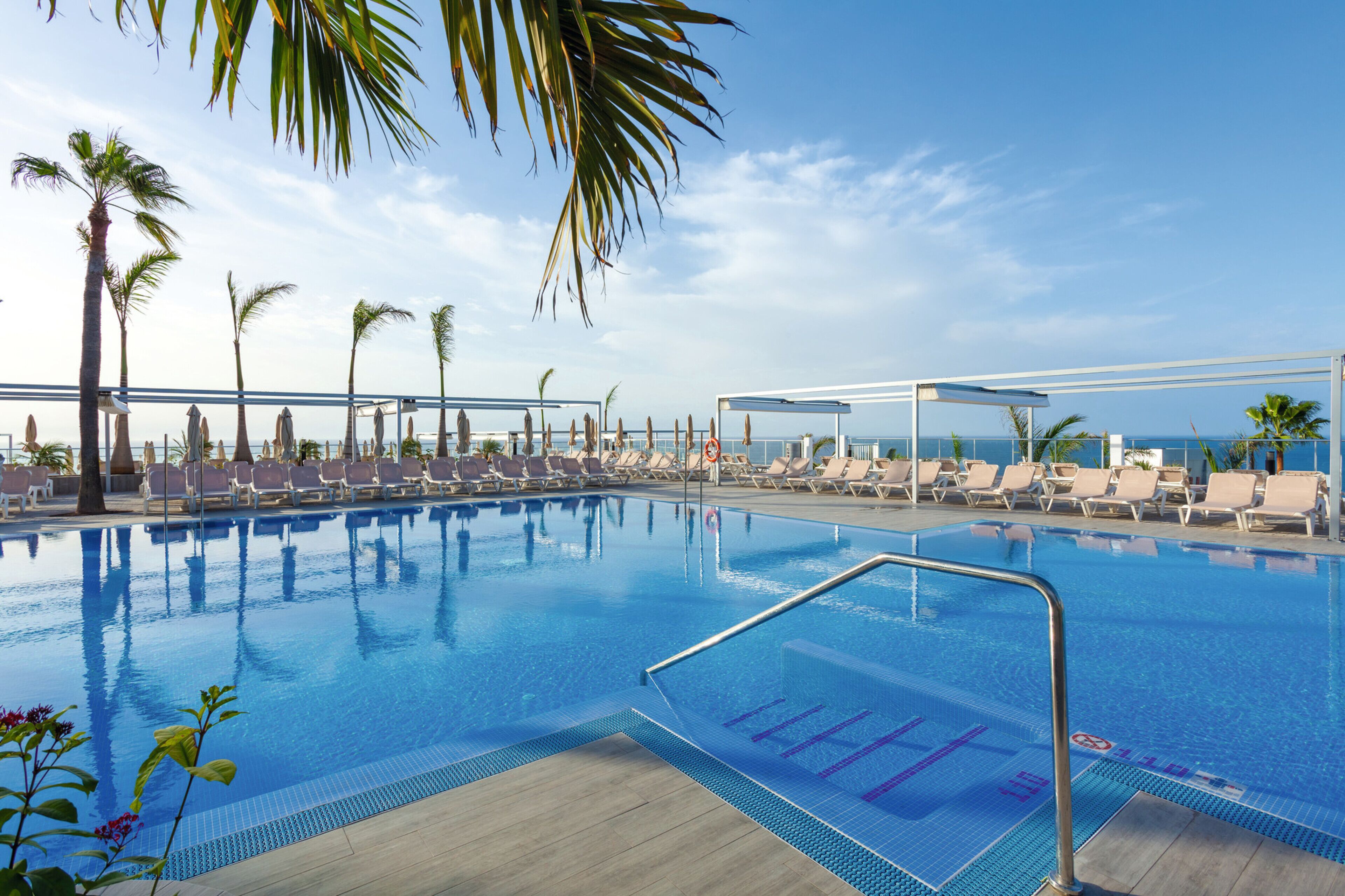 A pool area with lounge chairs and palm trees, surrounded by a clear sky.