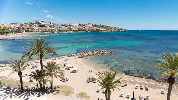Uma praia costeira com águas turquesa cristalinas, palmeiras e um litoral rochoso.