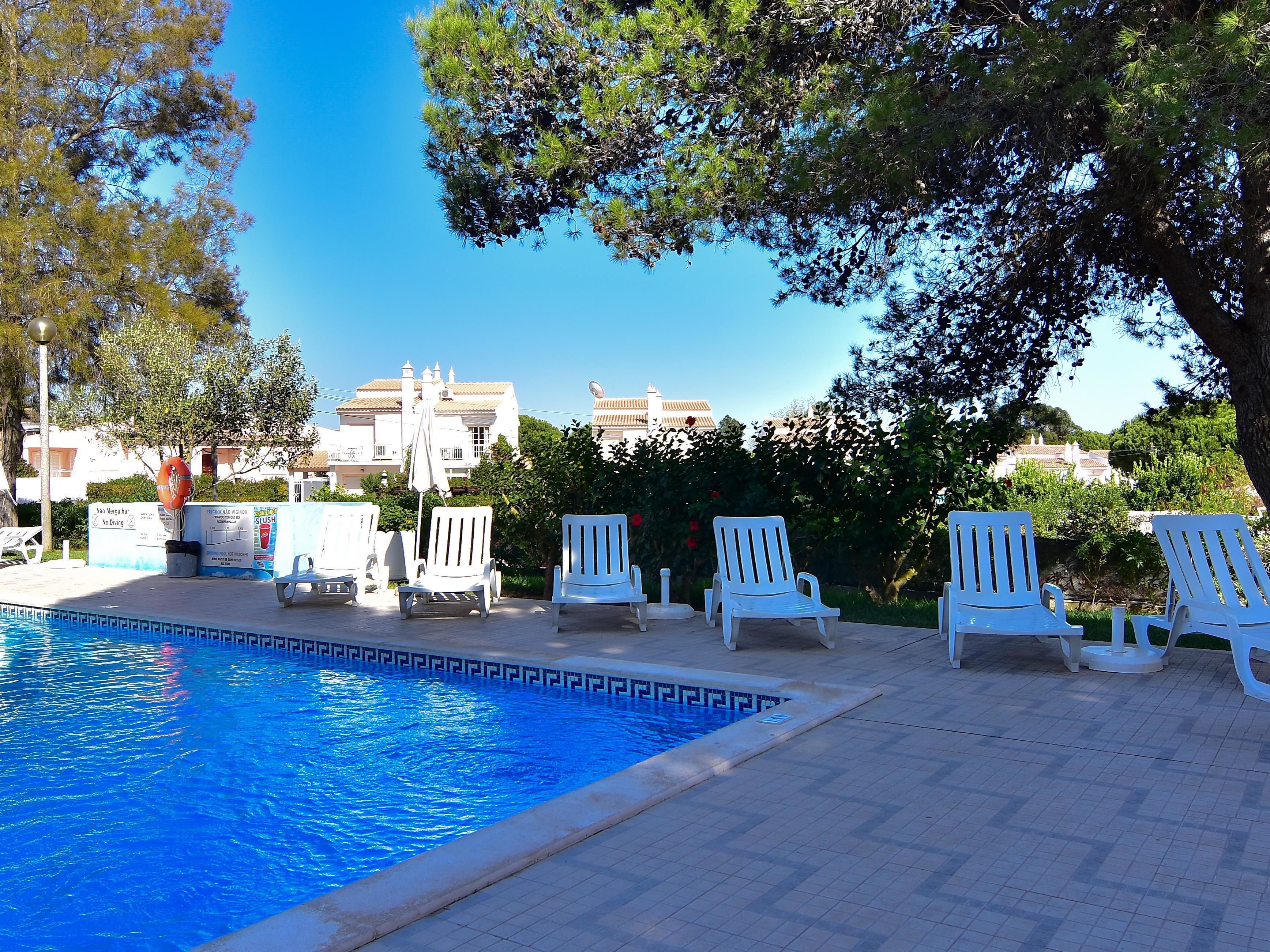 A swimming pool with white lounge chairs and a lifebuoy, surrounded by greenery and buildings in the background.