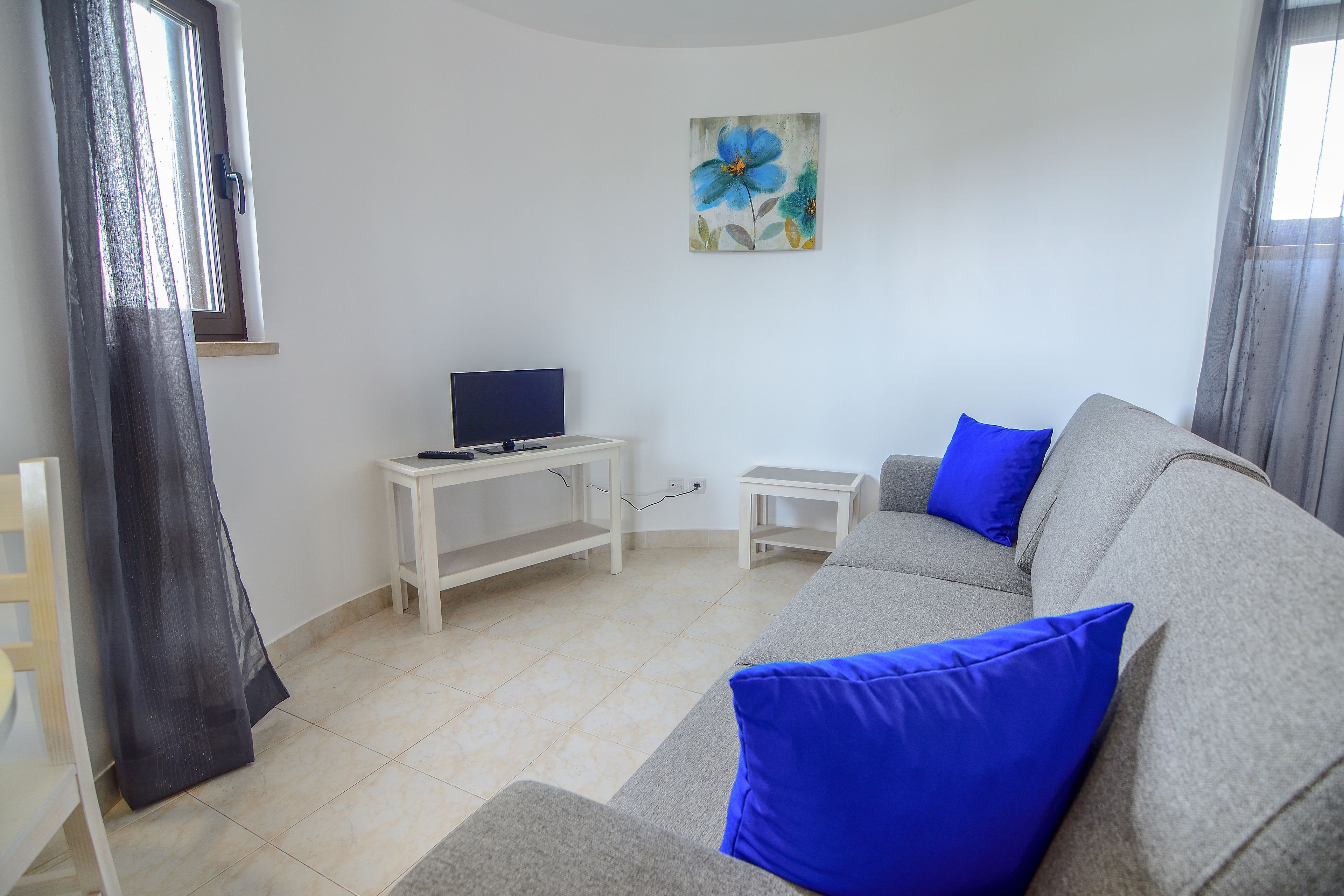 A living room with a grey sofa, blue cushions, a small white table, a TV on a stand, and a painting on the wall.