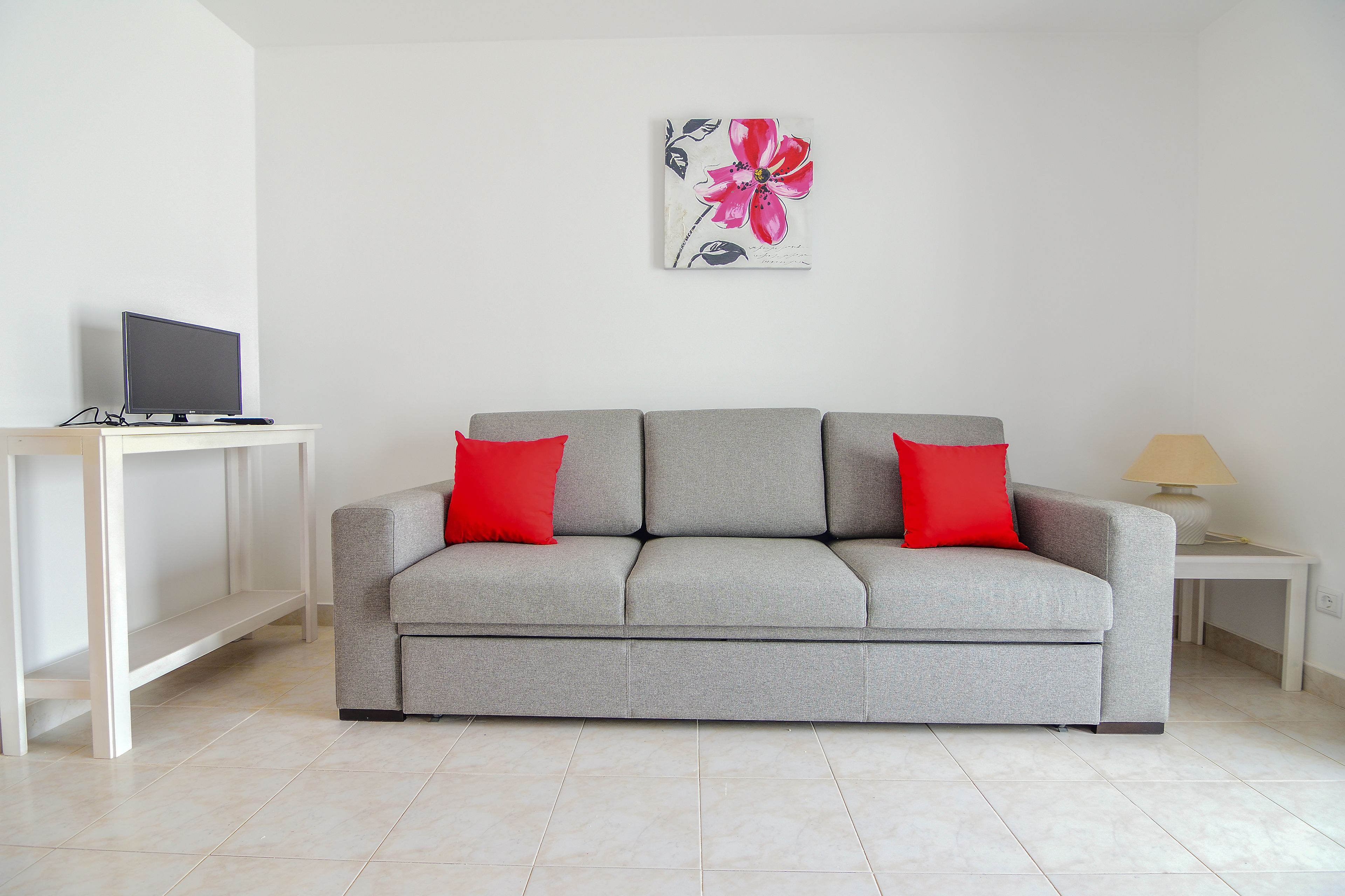 Ein modernes Wohnzimmer mit einem grauen Sofa, zwei roten Kissen, einem Flachbildfernseher auf einem weißen Schrank und einem Blumenbild an der Wand.
