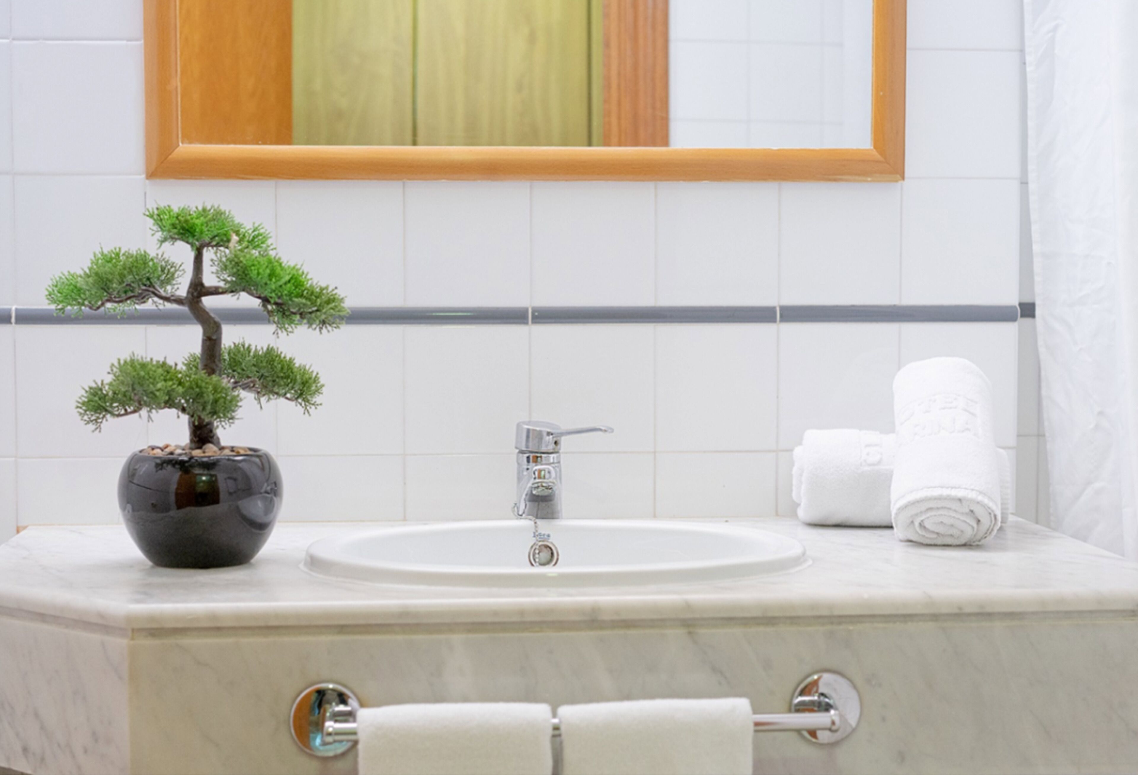 Un baño con lavamanos, un bonsái en maceta y un perchero con toallas.