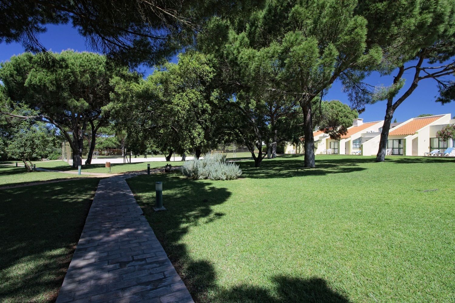 A pathway leading to a building with a tiled roof and a well-maintained lawn.