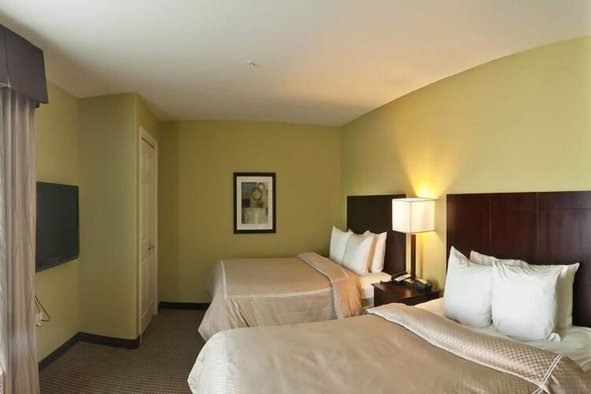 Een hotelkamer met twee bedden, een nachtkastje met lamp, een ingelijst schilderij aan de muur en een aan de muur bevestigde televisie.