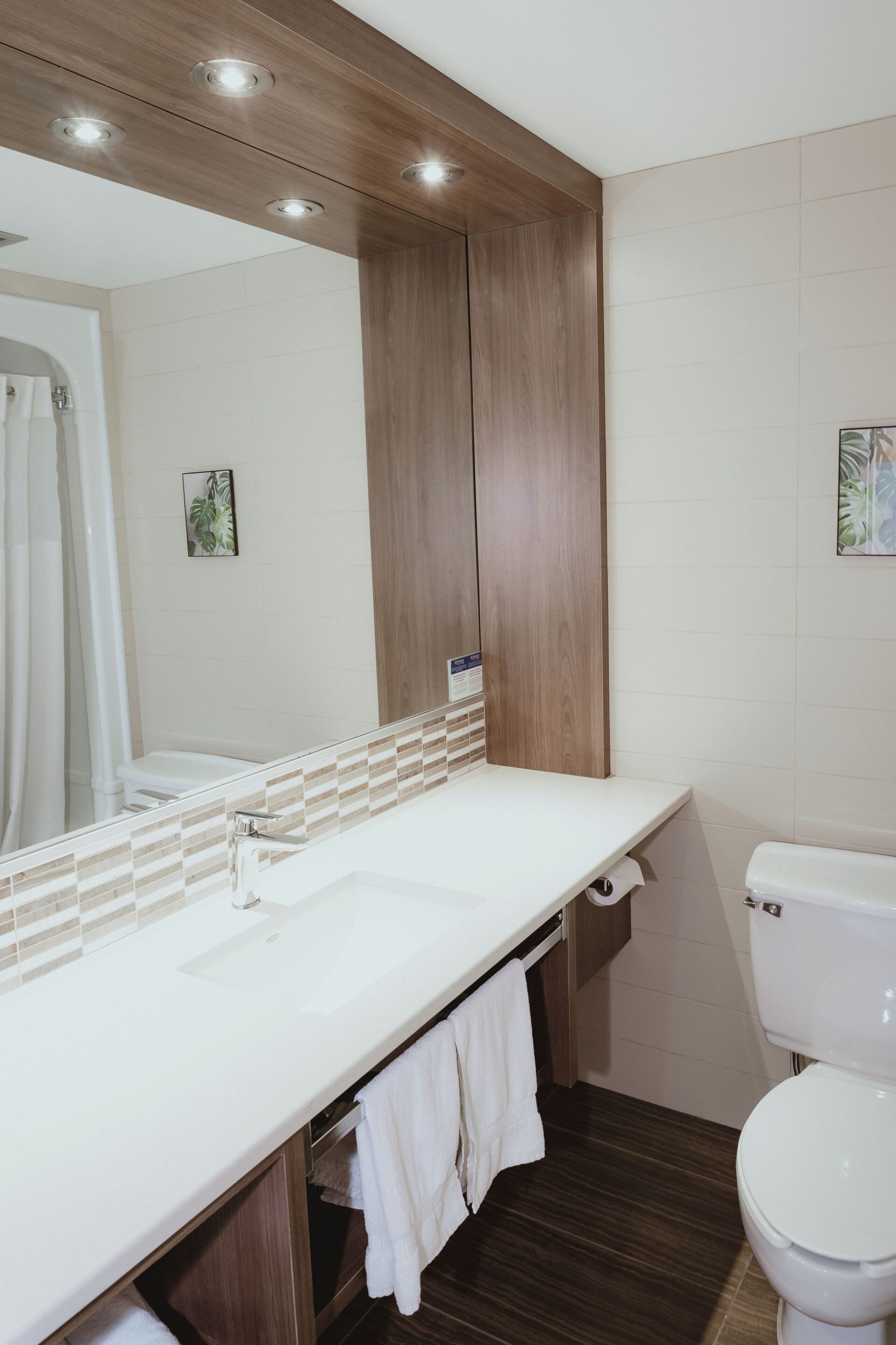 A bathroom with a white sink, a mirror, a toilet, and a shower curtain.