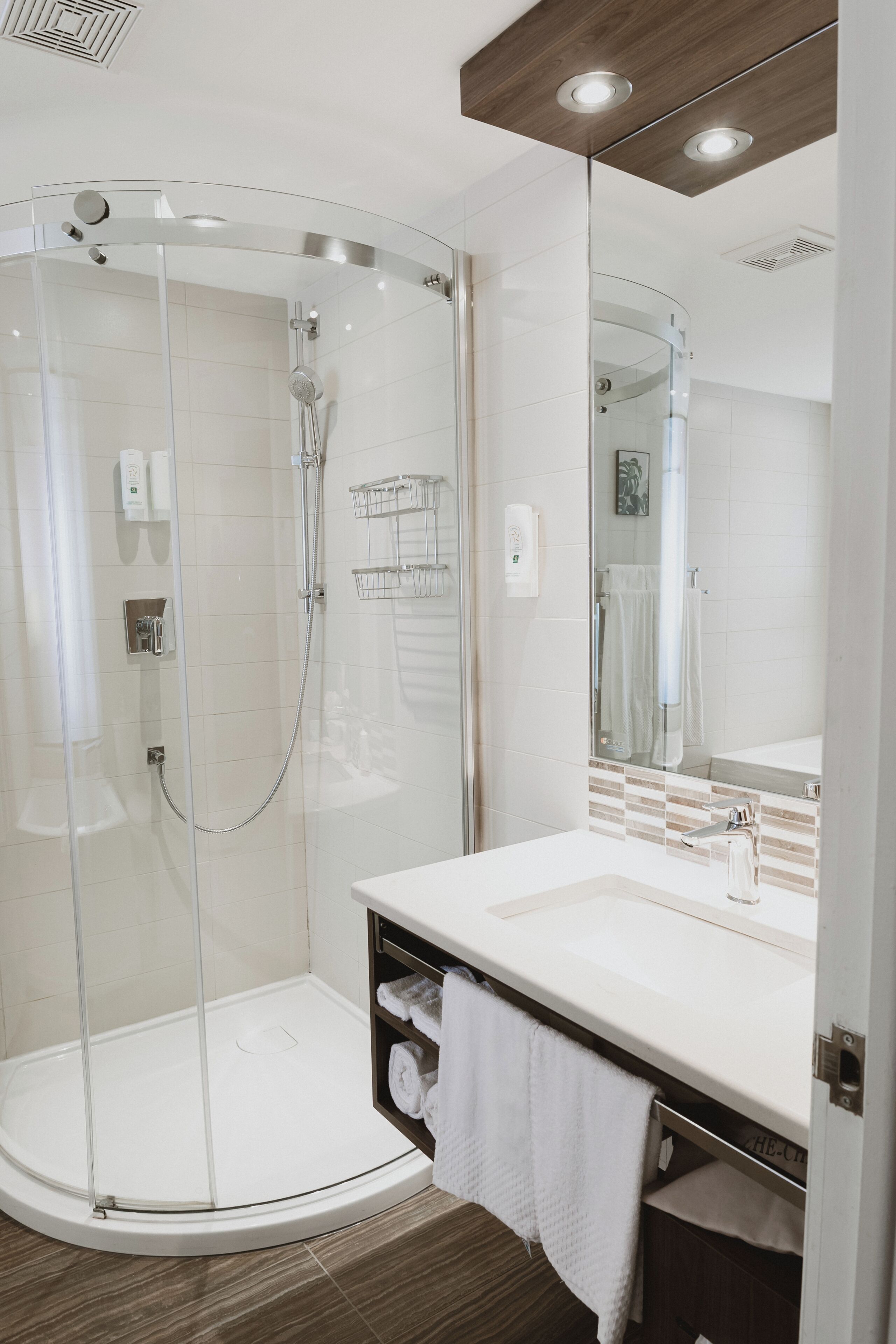A modern bathroom with a glass-enclosed shower, a white sink, and a mirror above it.
