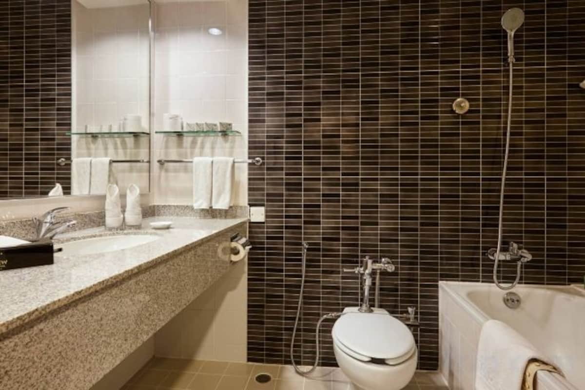 Separate bathtub and shower, free toiletries, slippers, bidet
