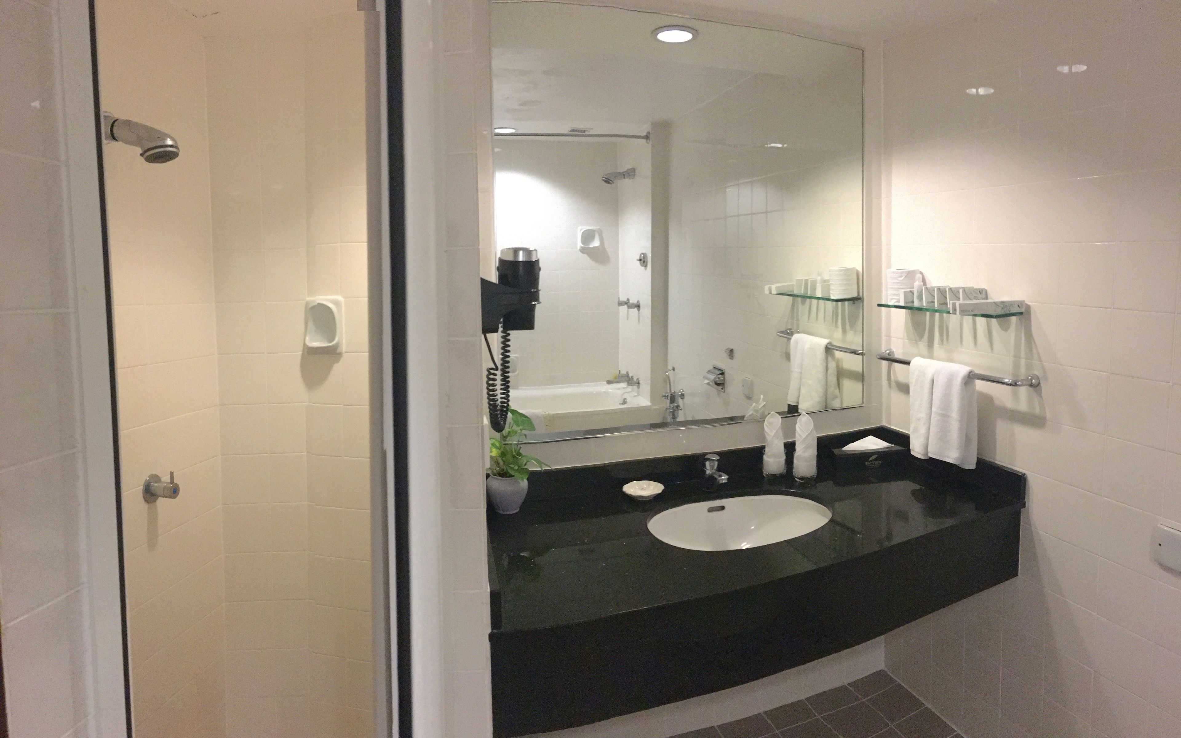 Un baño moderno con encimera negra, lavabo blanco y un espejo grande.