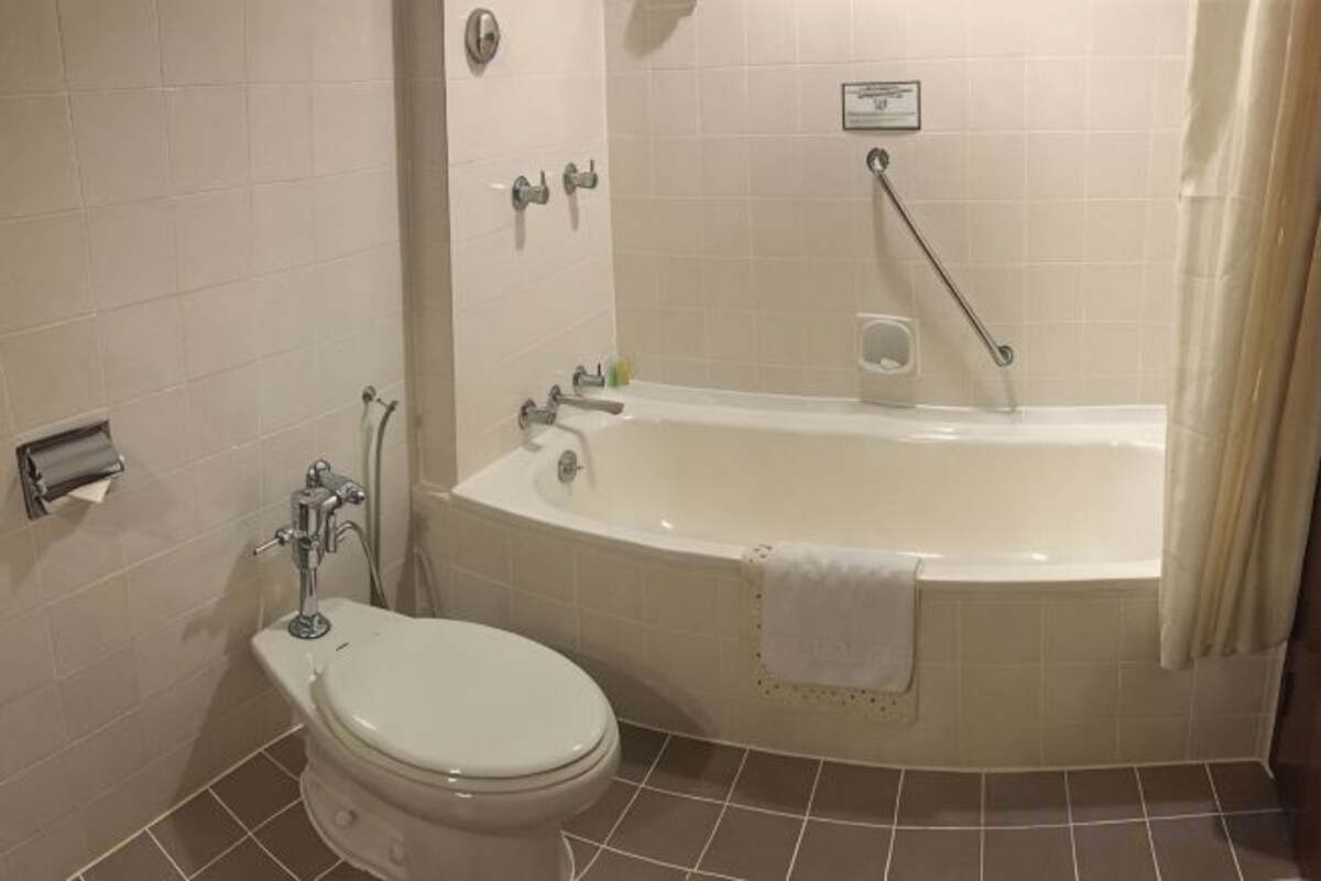 Separate tub and shower, free toiletries, slippers, bidet