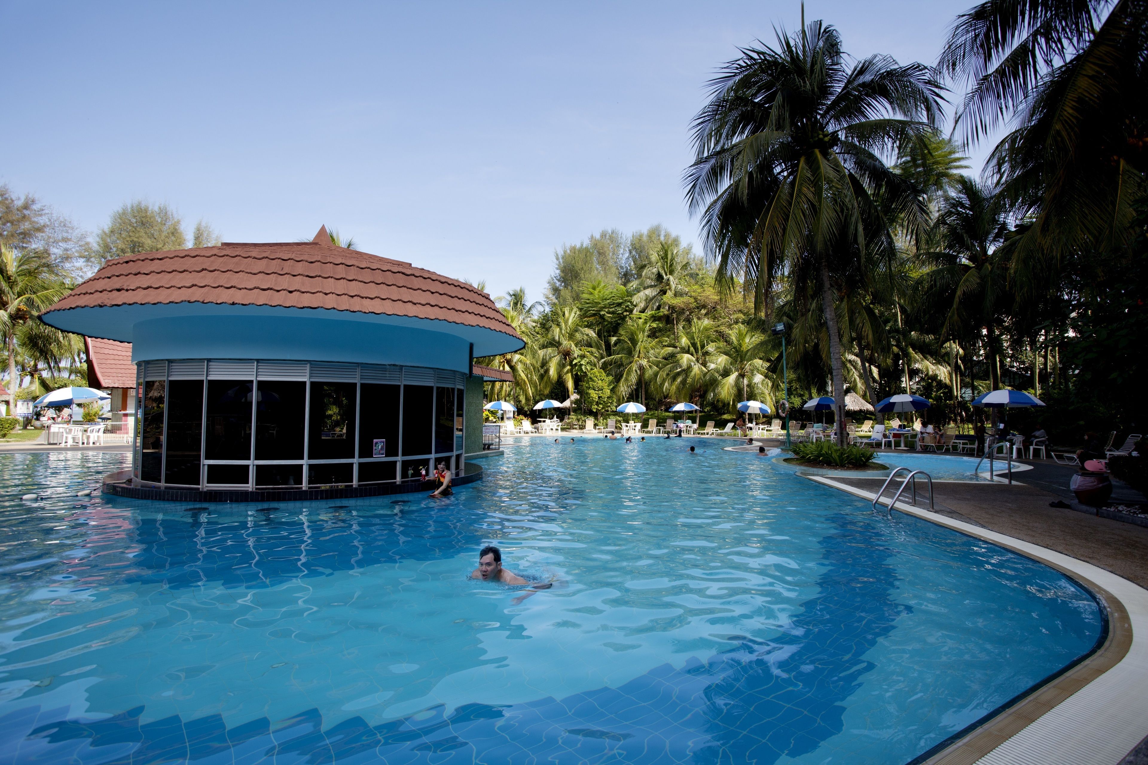 A swimming pool with a palm tree-lined deck and a covered area with a red roof.