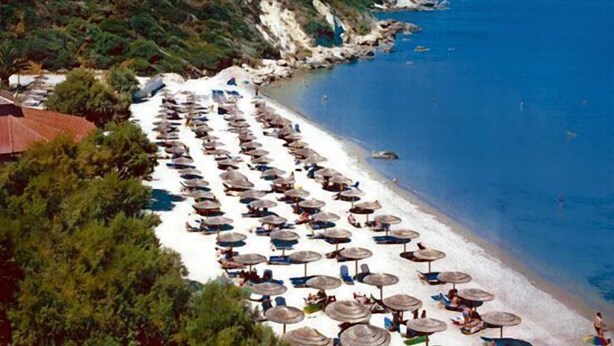 Una playa con hileras de sombrillas y sillas de tomar el sol a lo largo de la orilla.