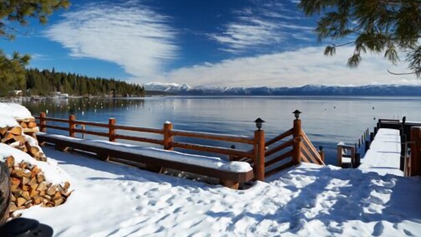 A wooden dock extending into a calm lake with snow on the ground and mountains in the background. - Sunnyside Restaurant & Lodge (Tahoe City)