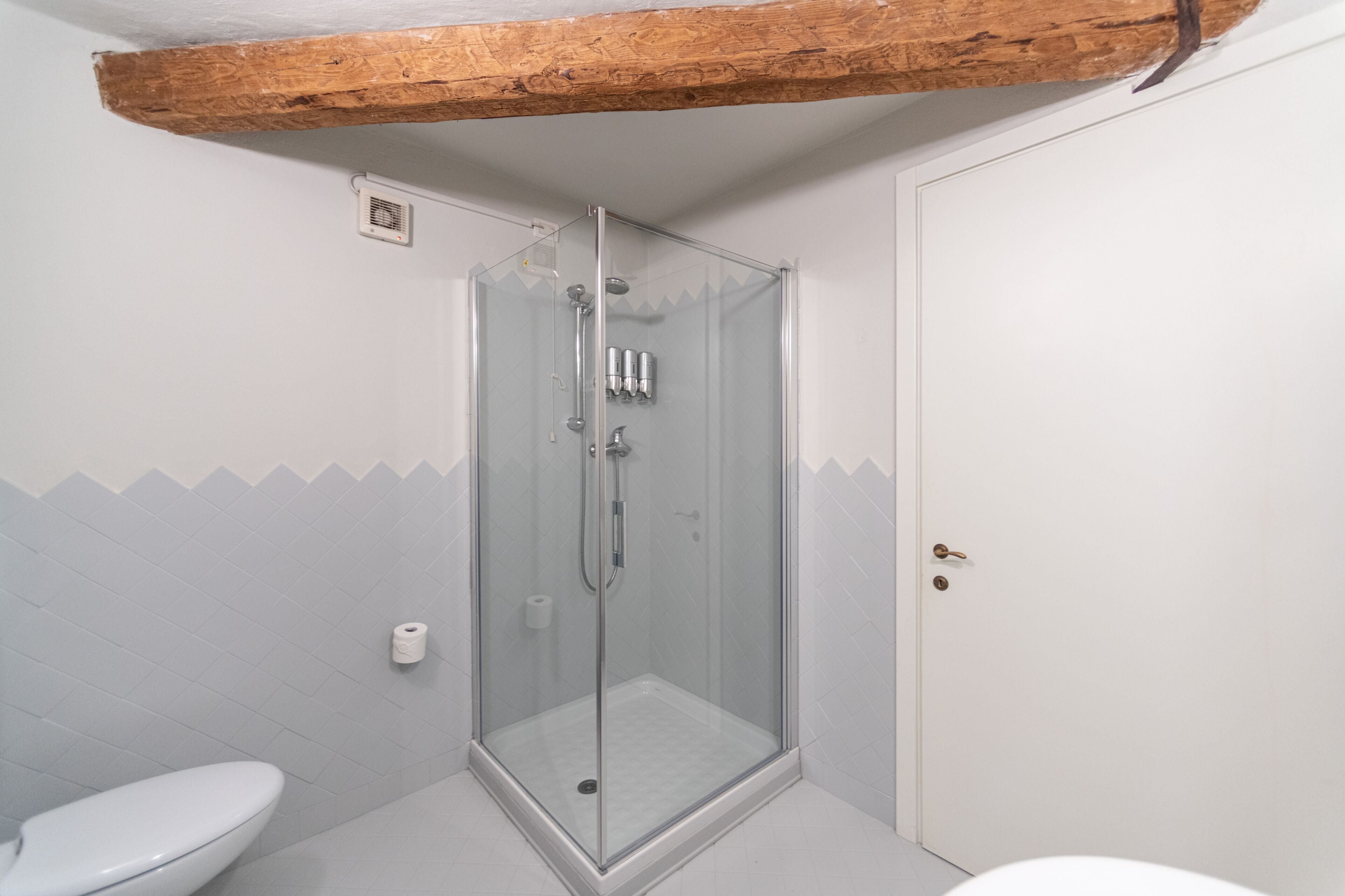 Un baño con ducha acristalada, inodoro y puerta.
