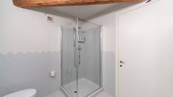 Un baño con ducha acristalada, inodoro y puerta.