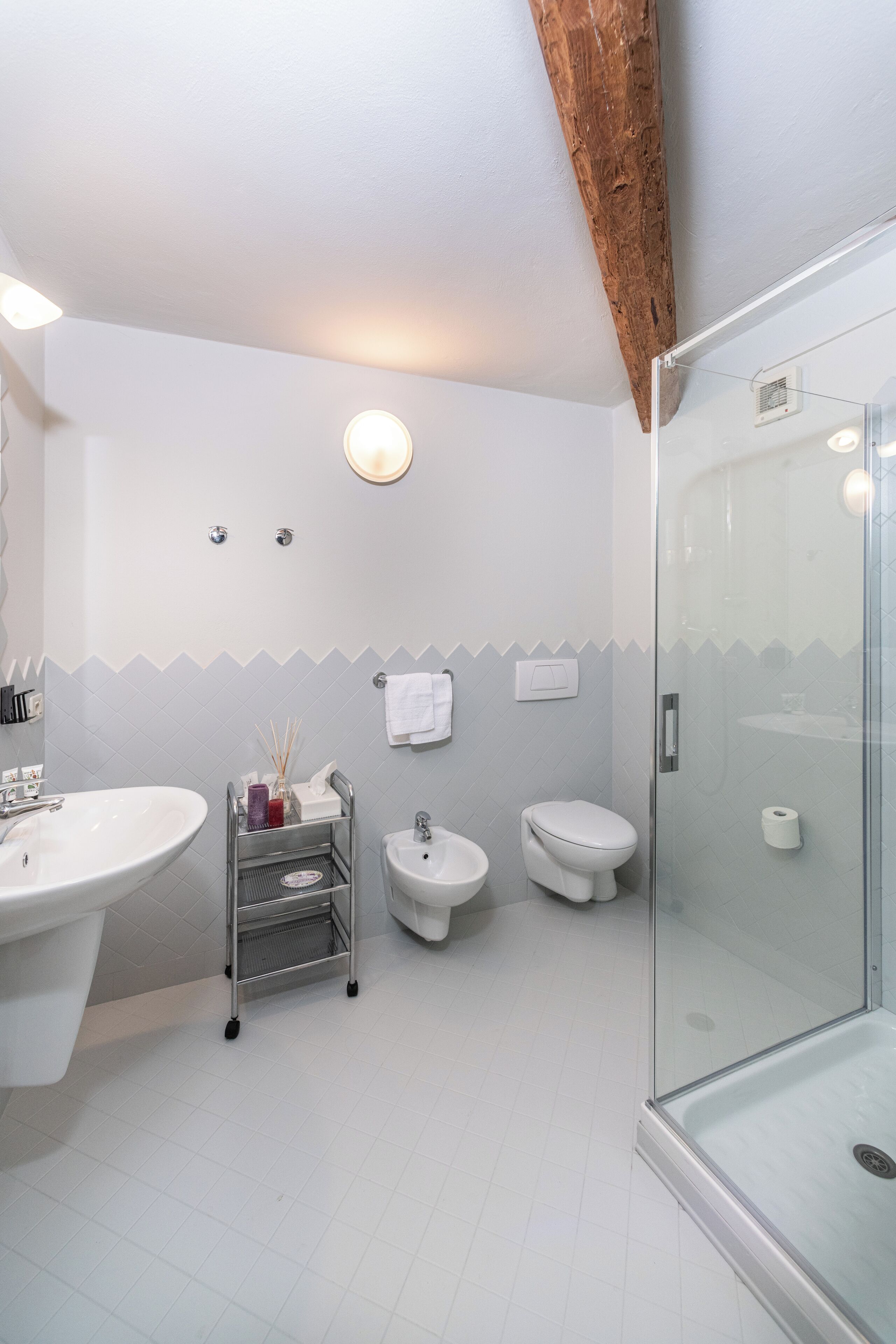 A modern bathroom with a glass shower, a sink, a bidet, and a vanity.
