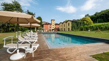 Seasonal outdoor pool, pool umbrellas, sun loungers