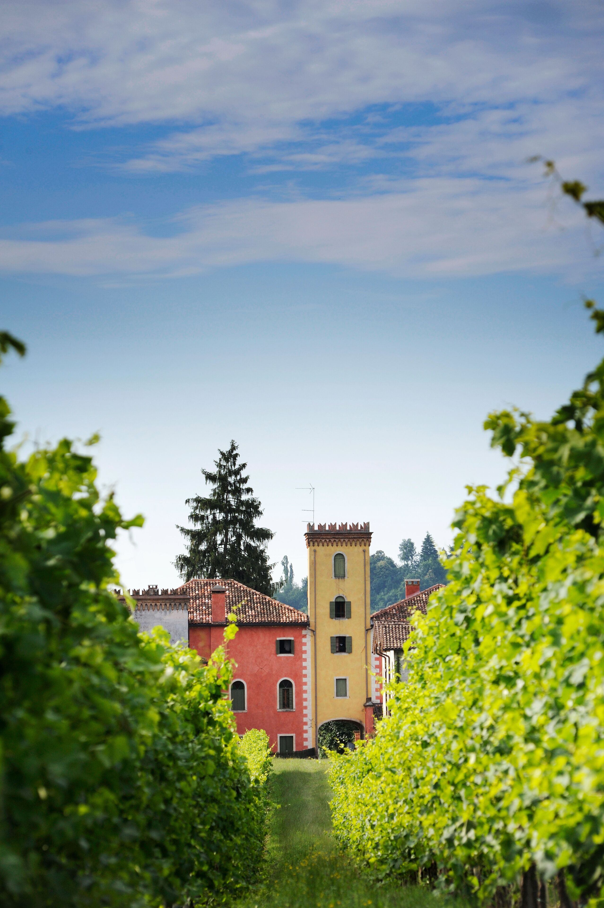 A red building with a tower and a red-tiled roof, surrounded by greenery.
