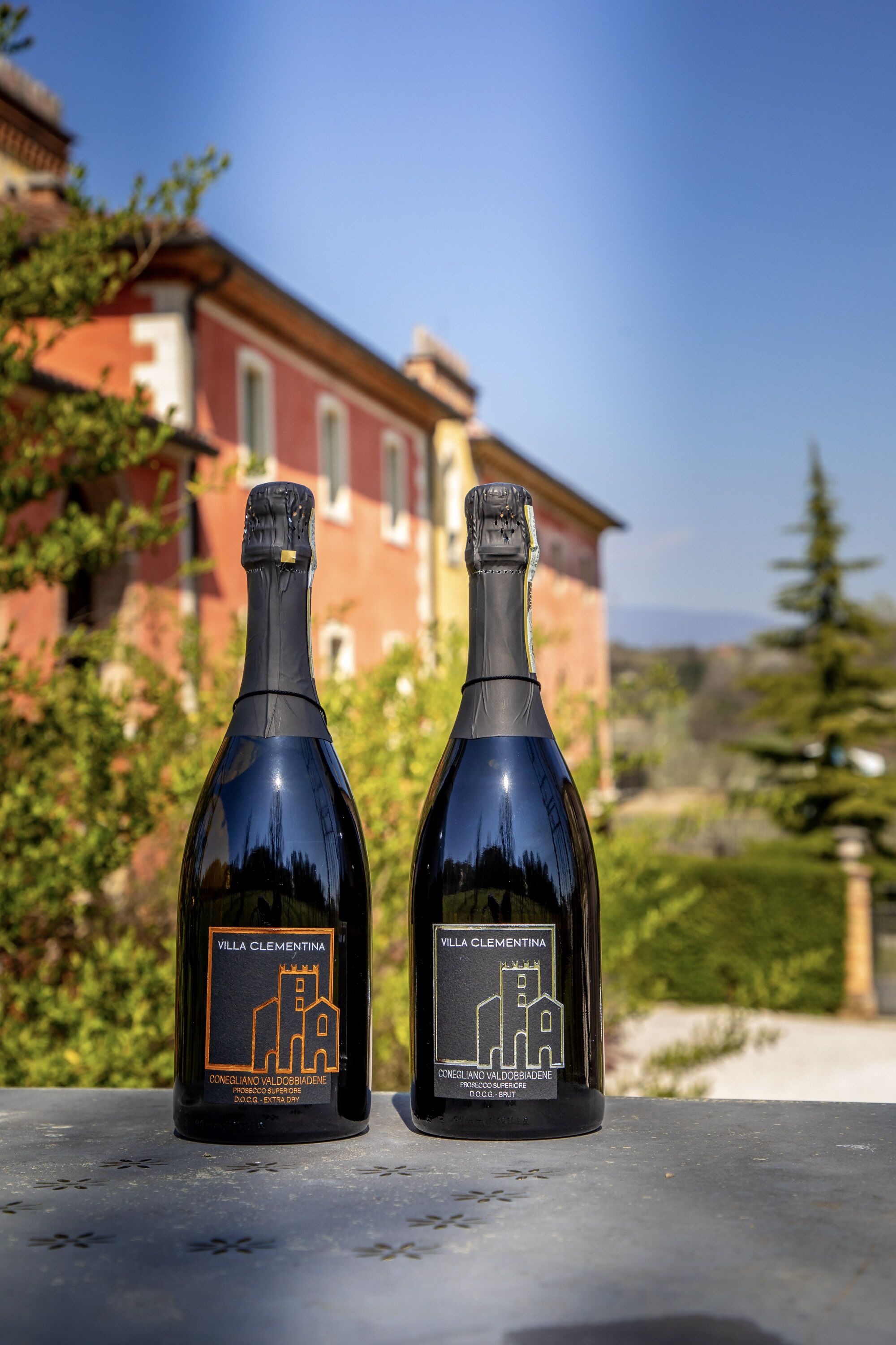 Two bottles of wine with labels featuring a church and the text "Villa Clementina" on a table with a building and greenery in the background.