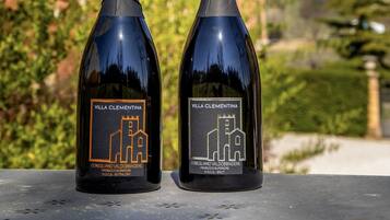 Two bottles of wine with labels featuring a church and the text "Villa Clementina" on a table with a building and greenery in the background.
