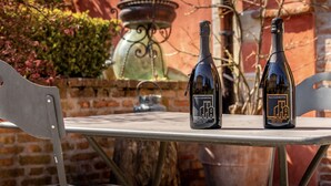 Two bottles of wine on a metal table with a brick wall and a decorative metal pot in the background.