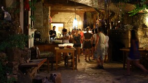 A rustic interior with stone walls, wooden furniture, and hanging plants.