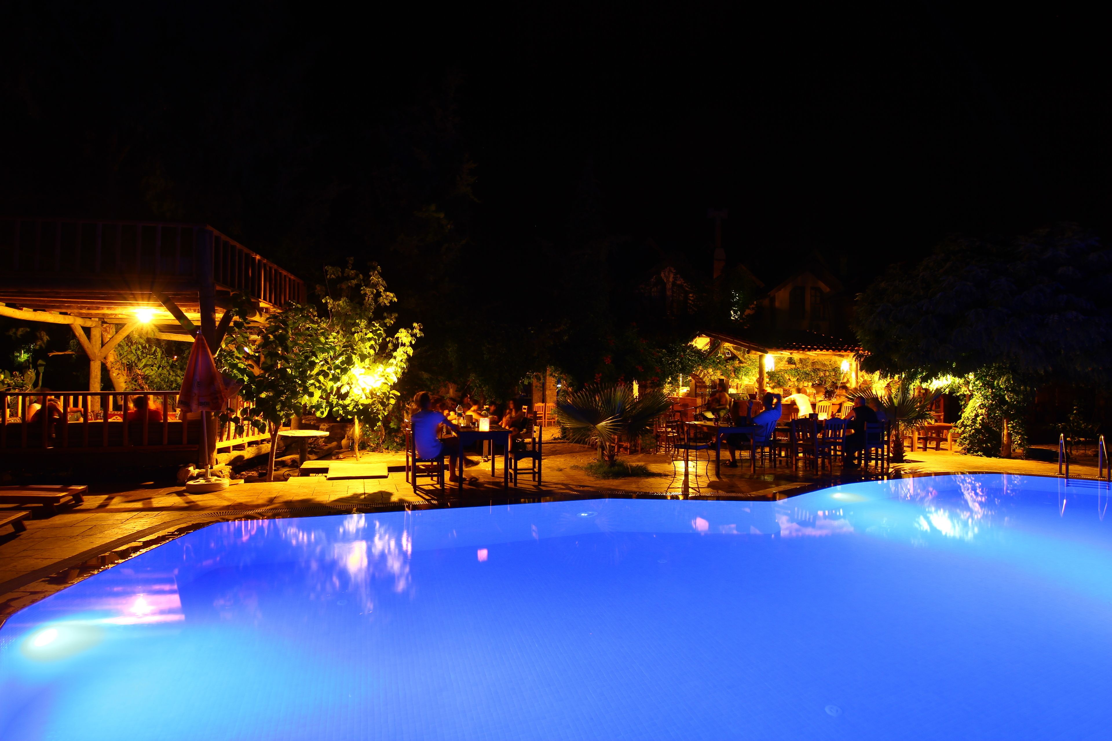 Outdoor pool, pool umbrellas, pool loungers