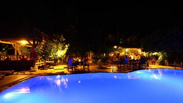 Outdoor pool, pool umbrellas, pool loungers