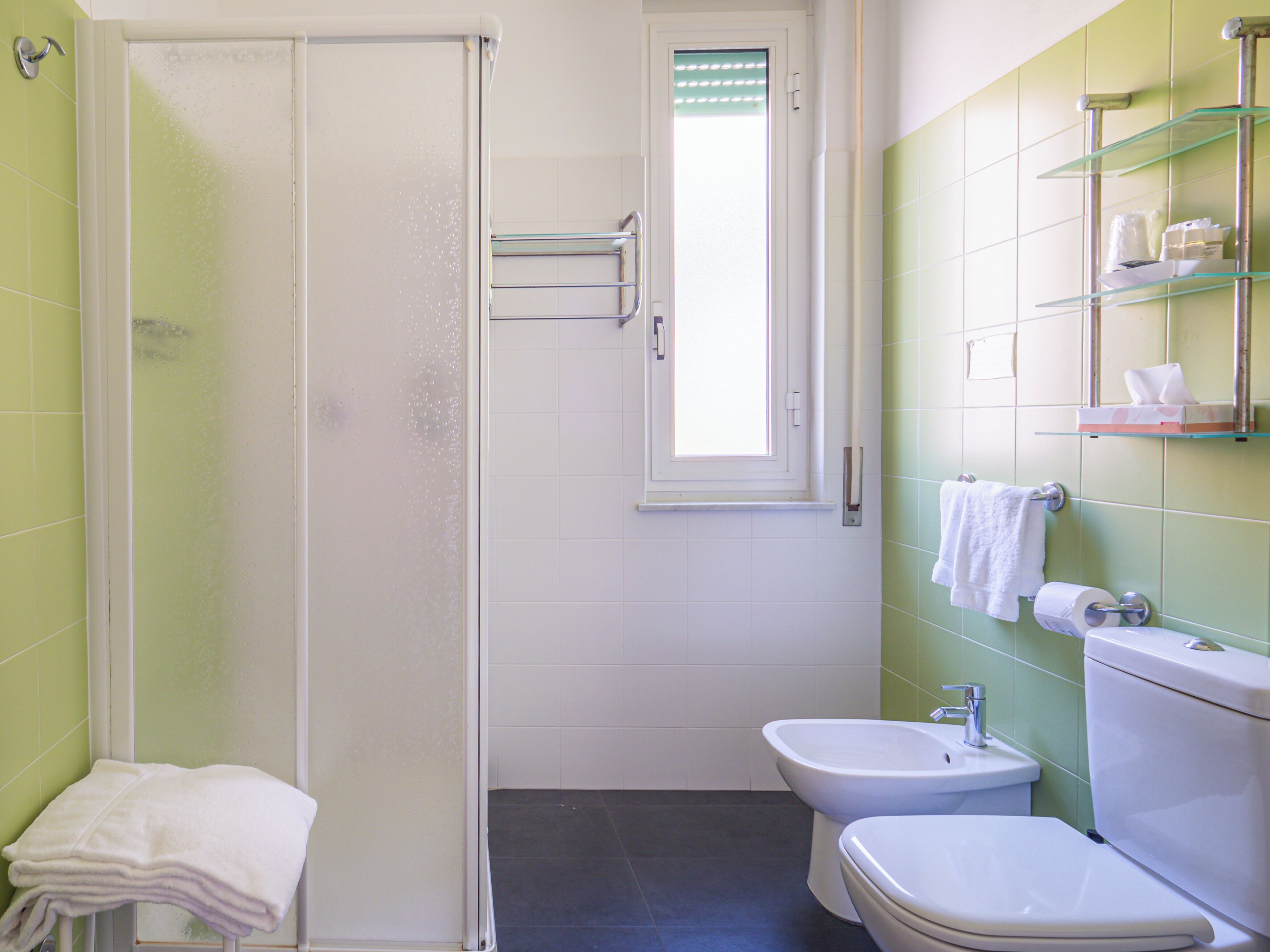 A bathroom with a shower, toilet, bidet, and shelves with toiletries.