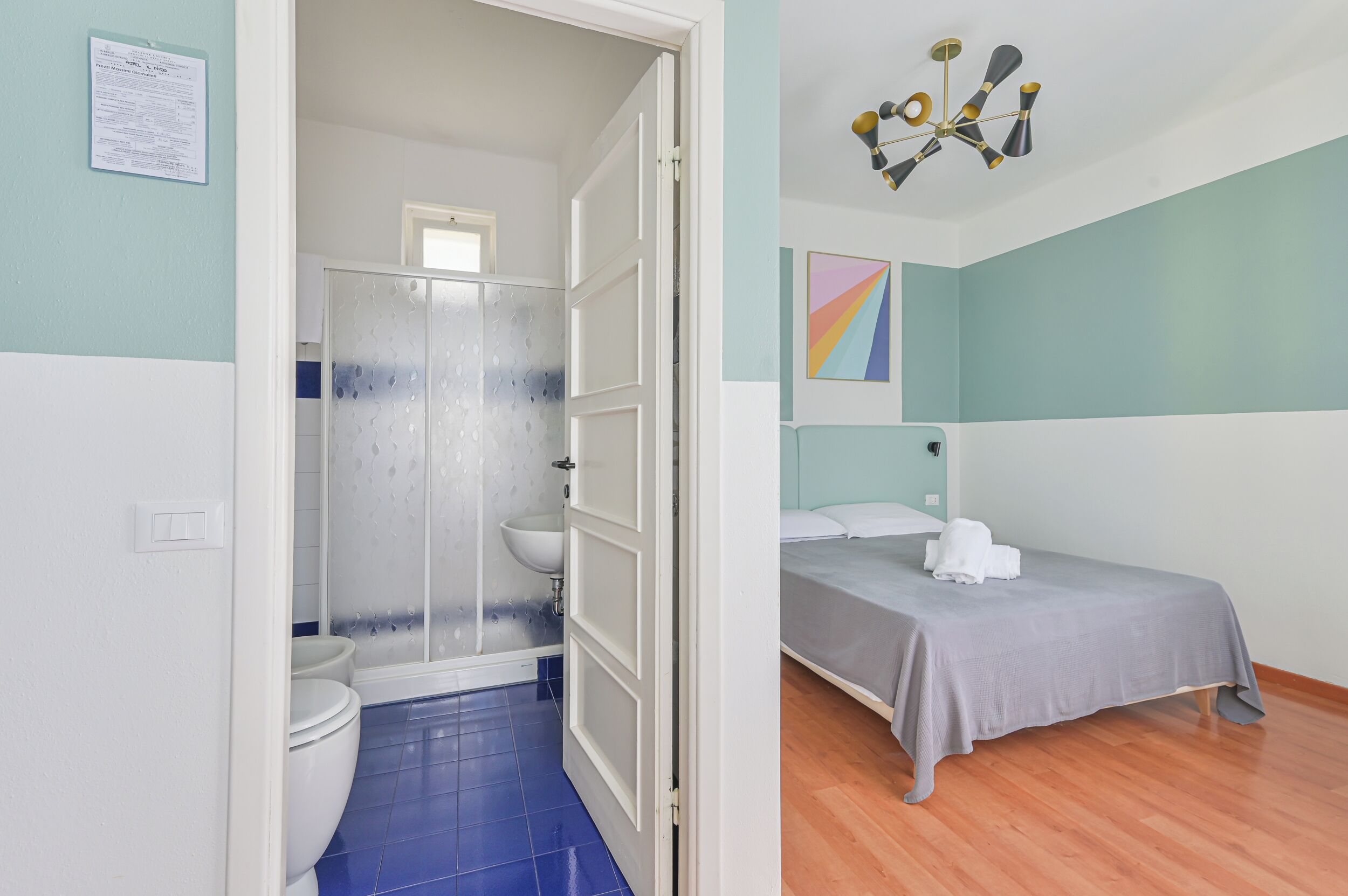 Una habitación con cama, ducha y baño.