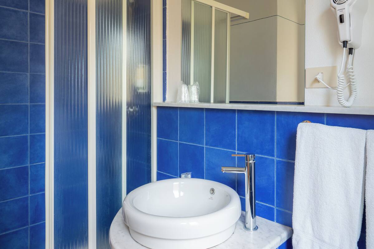 economy double room | bathroom | shower, rainfall showerhead, free toiletries, hair dryer