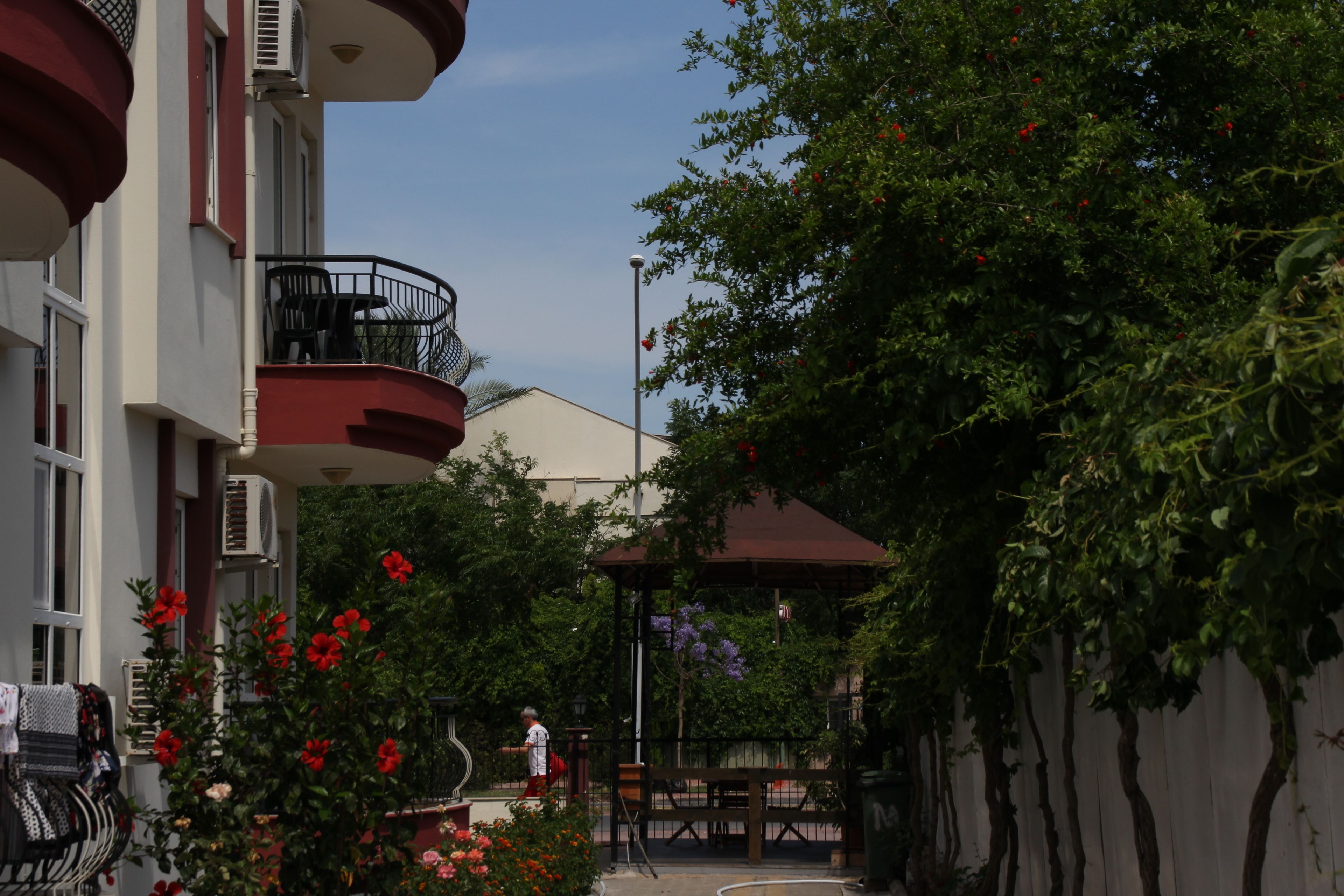 A courtyard with a building featuring a balcony, a pergola, and a garden with flowers.