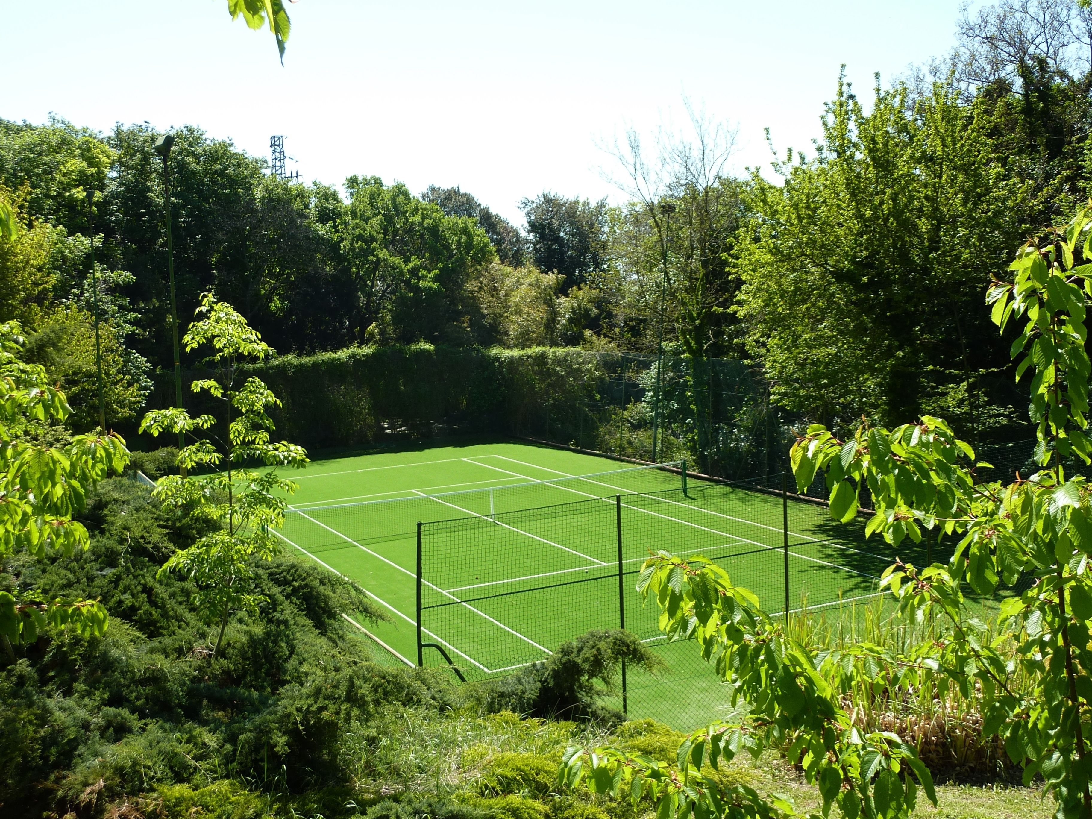 A tennis court surrounded by dense greenery and trees.