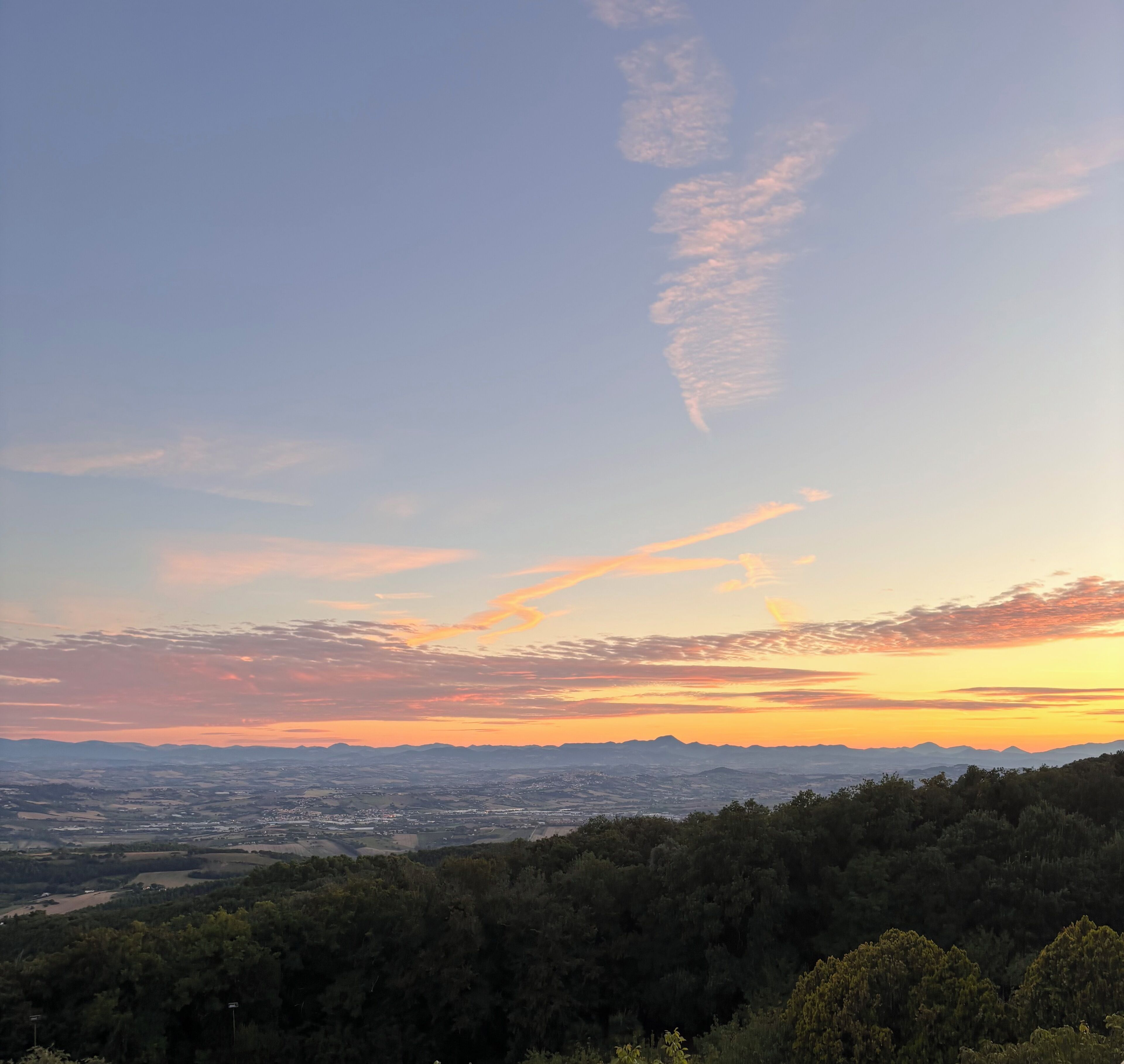 A panoramic view of a cityscape at sunset with a forested foreground and distant mountains.