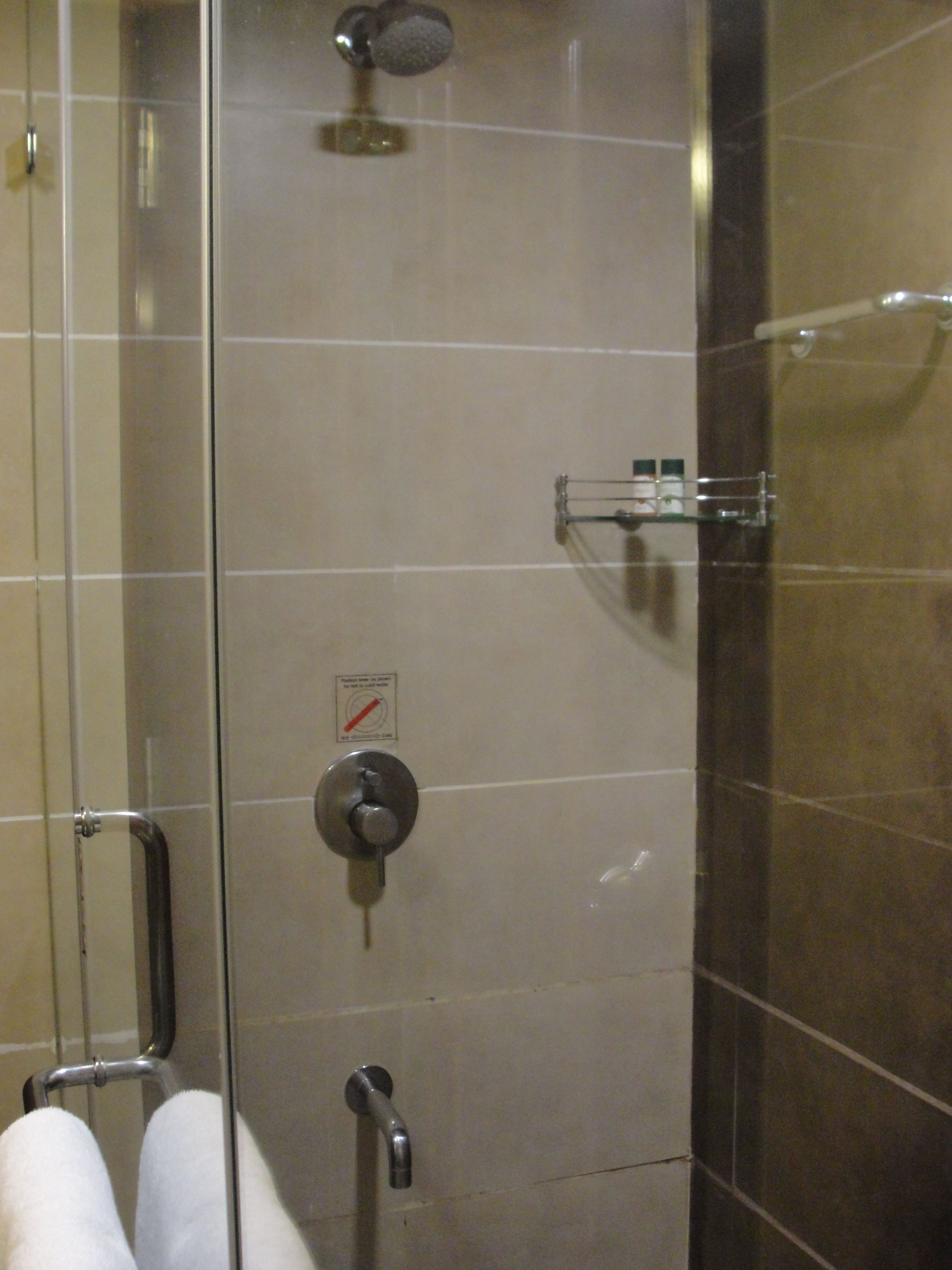 A bathroom with a glass door, a shower, and a towel rack.