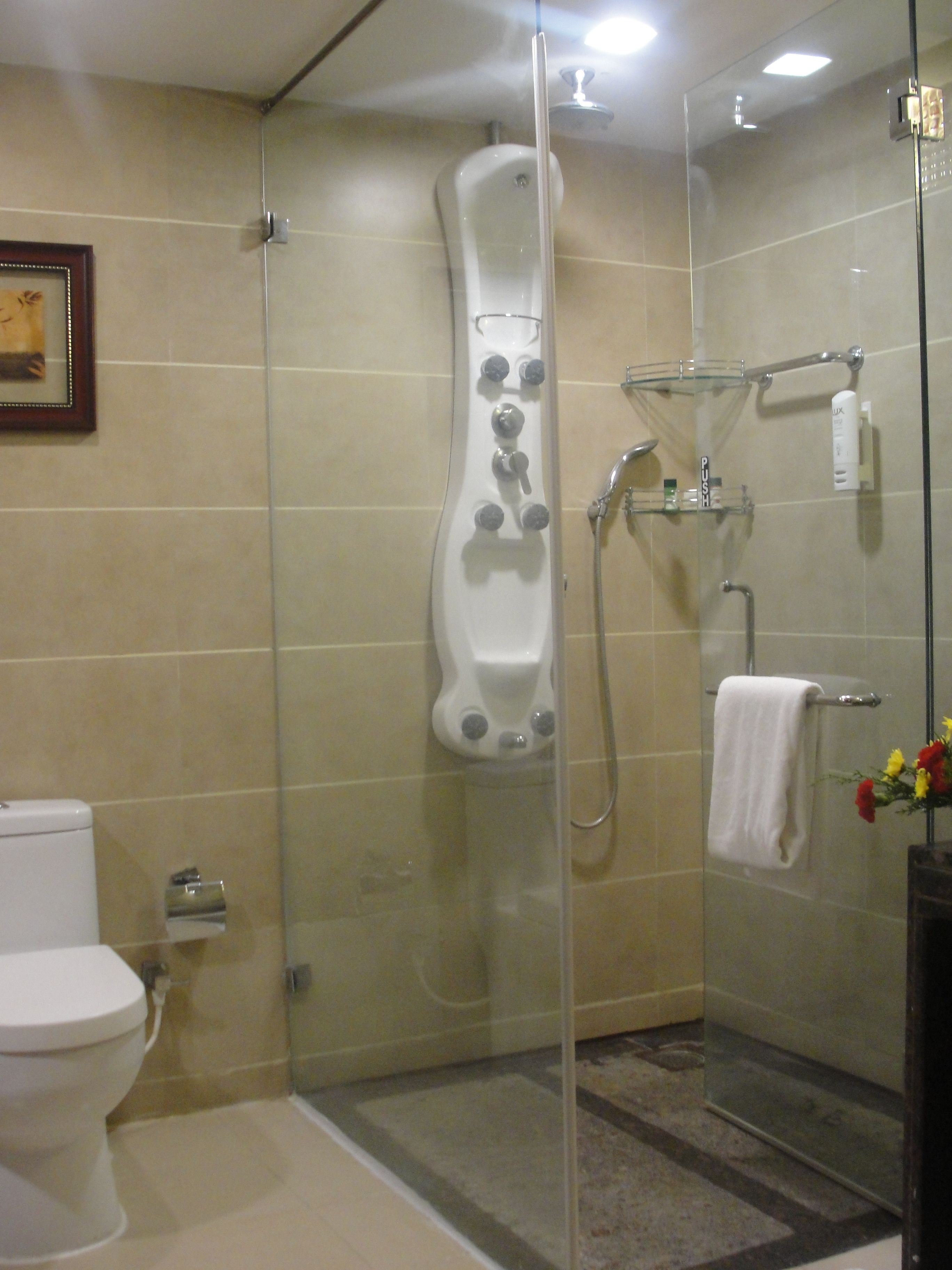 A modern bathroom with a glass-enclosed shower, a toilet, and a glass shelf with toiletries.