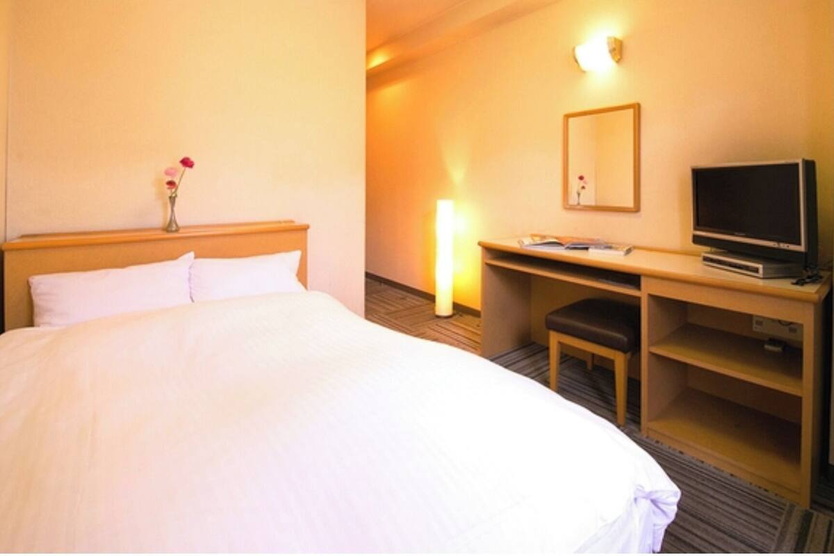 Une chambre d’hôtel avec un lit, un bureau avec une télévision et un miroir au mur.