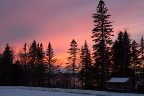 A cabin surrounded by tall pine trees with a sunset in the background. - Rangeley Lake Resort (Rangeley)