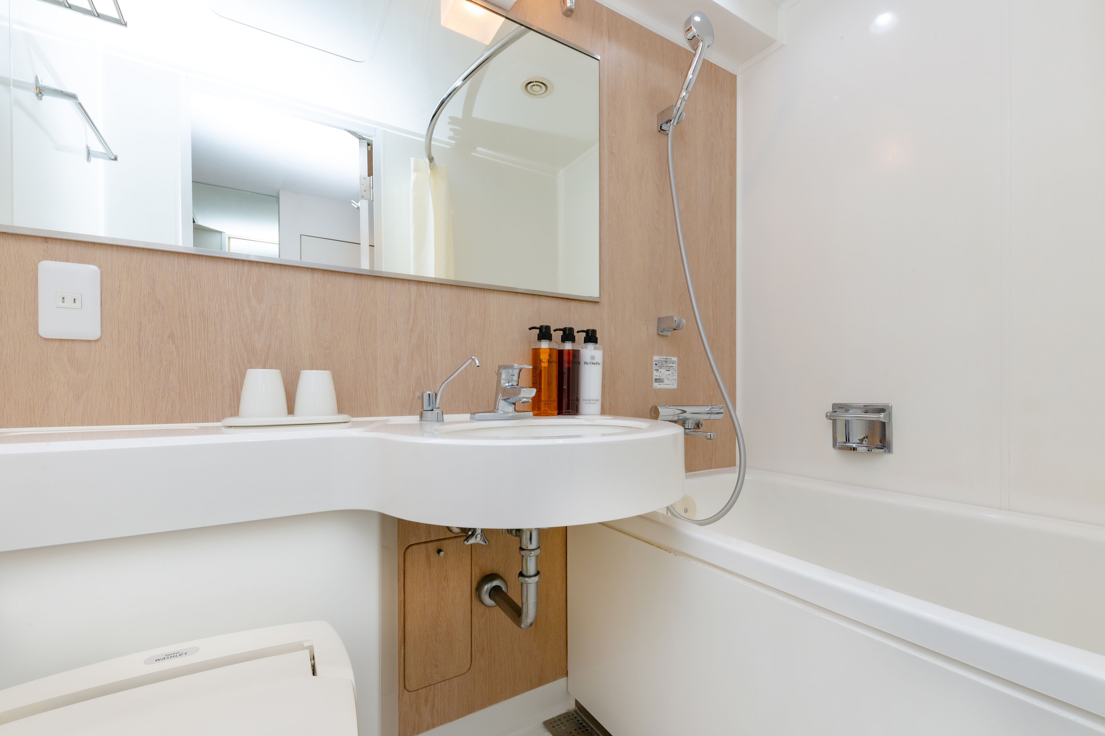 combined shower/bathtub, slippers, bidet, towels