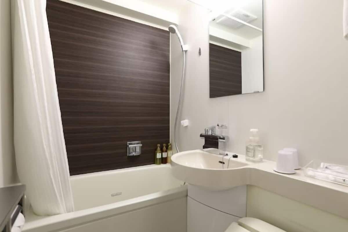 Combined shower/bathtub, deep-soaking bathtub, free toiletries