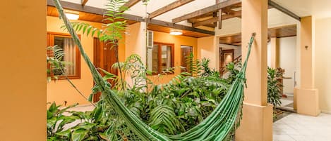Una hamaca en un espacio interior bañado por el sol, con vigas de madera y suelo de baldosas, rodeada de diversas plantas.
