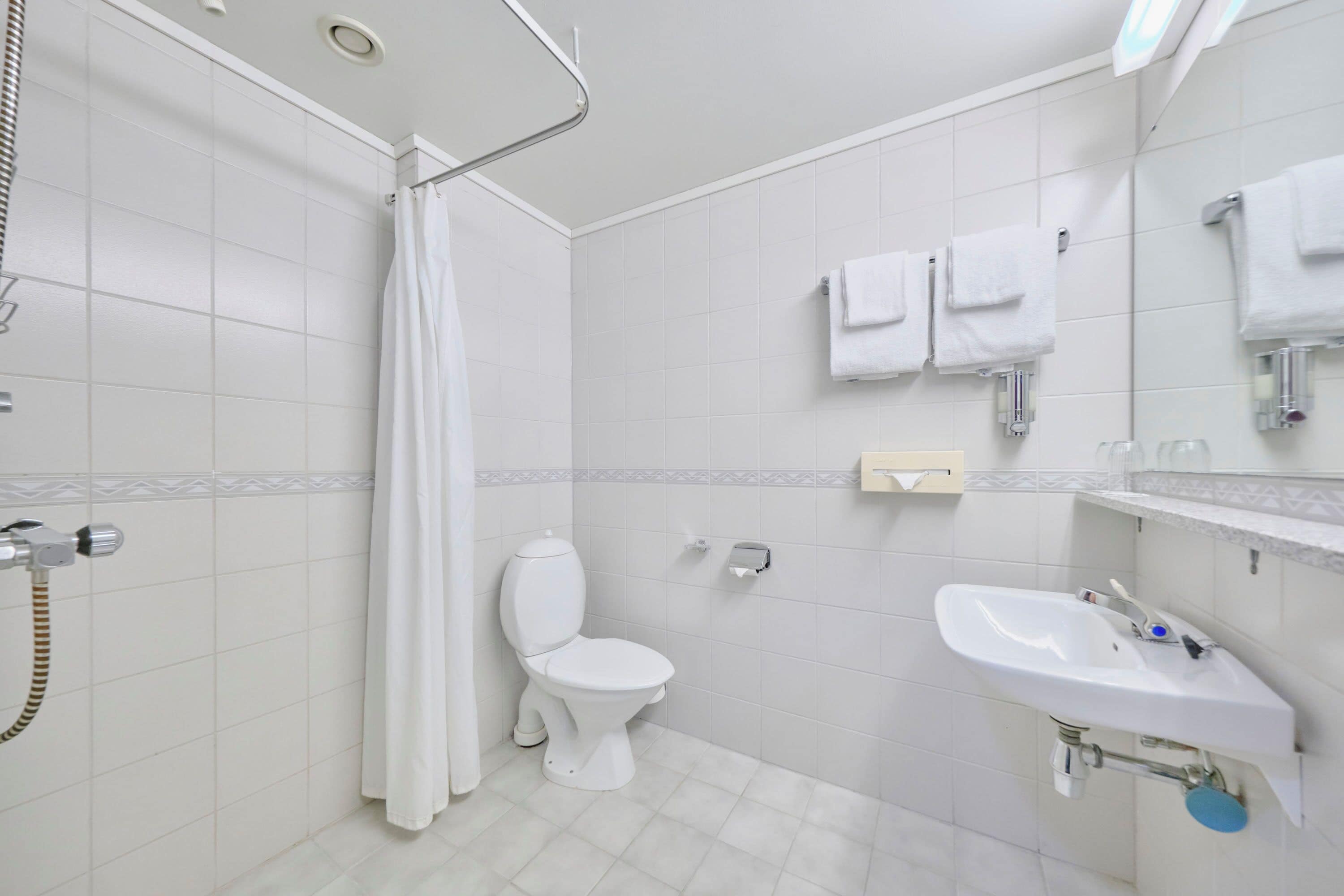Un baño con ducha, inodoro y lavabo.