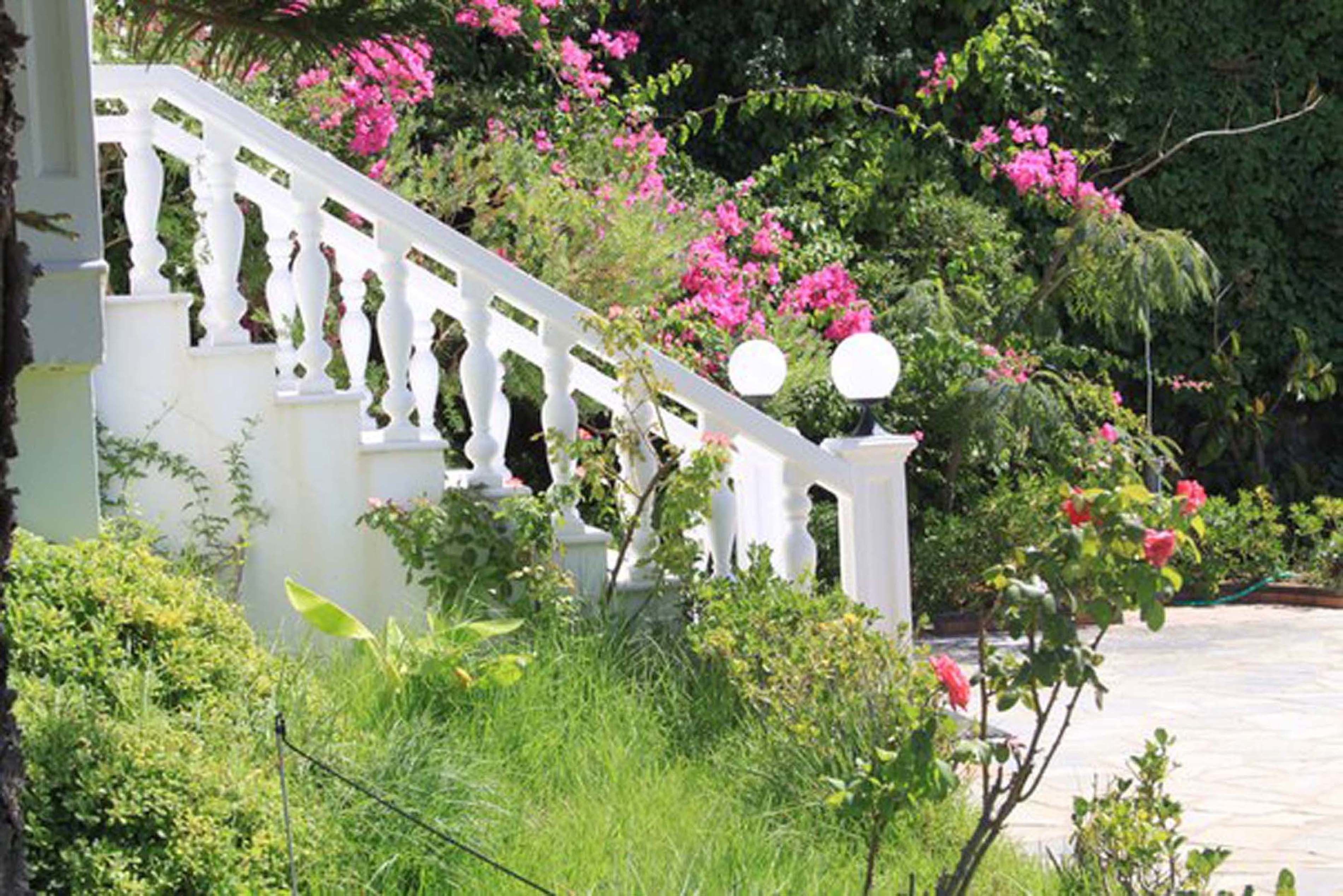Een witte trap met balustrades, omgeven door weelderig groen en roze bloemen.