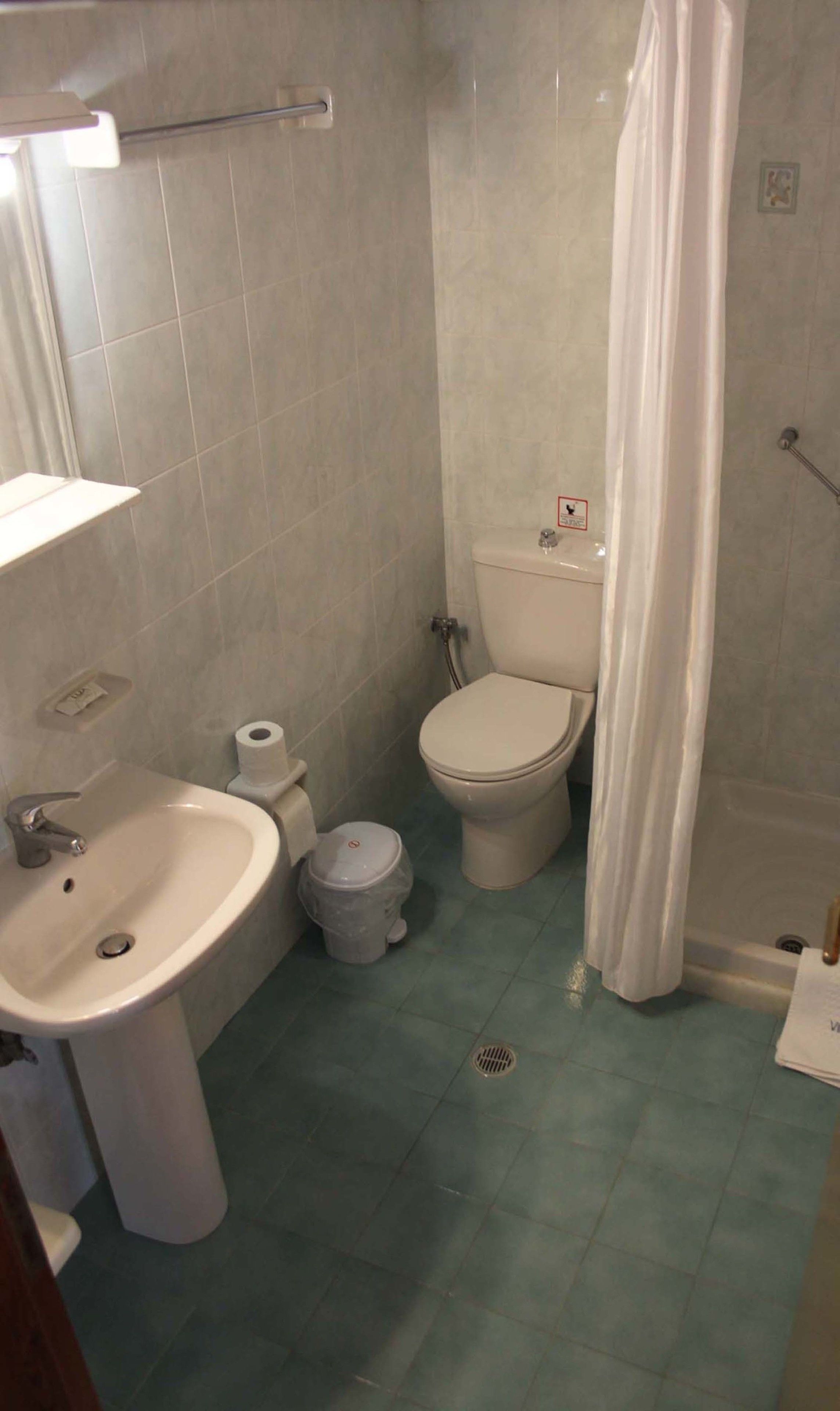 A small bathroom with a sink, toilet, and shower curtain.