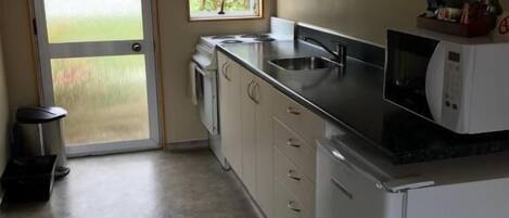 Cocina compacta con estufa a gas, microondas y lavamanos. Hay una puerta corrediza de vidrio que da a un balcón con vistas a zonas verdes.