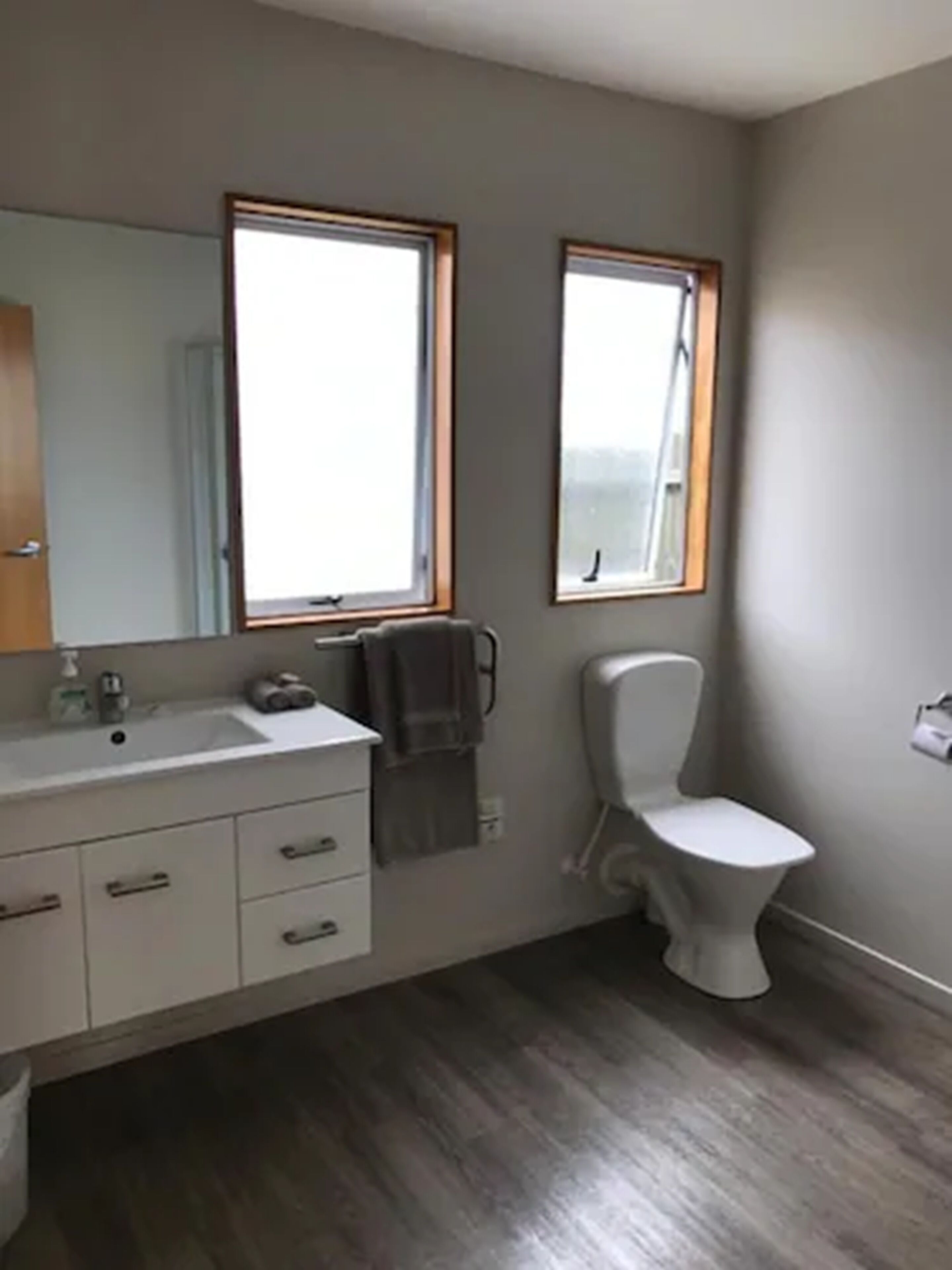 A bathroom with a white sink, a mirror, a toilet, and two windows.