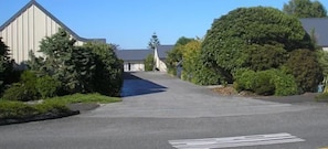 A quiet street with a building on the left and a large tree on the right.